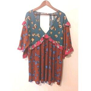 Anthropologie Sz L Floral Ruffle Babydoll Mini Dress Tunic Teal Rust Pink Boho